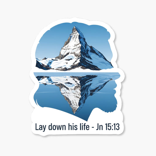 John 15:13 Scripture Sticker - Majestic Mountain Reflection Design