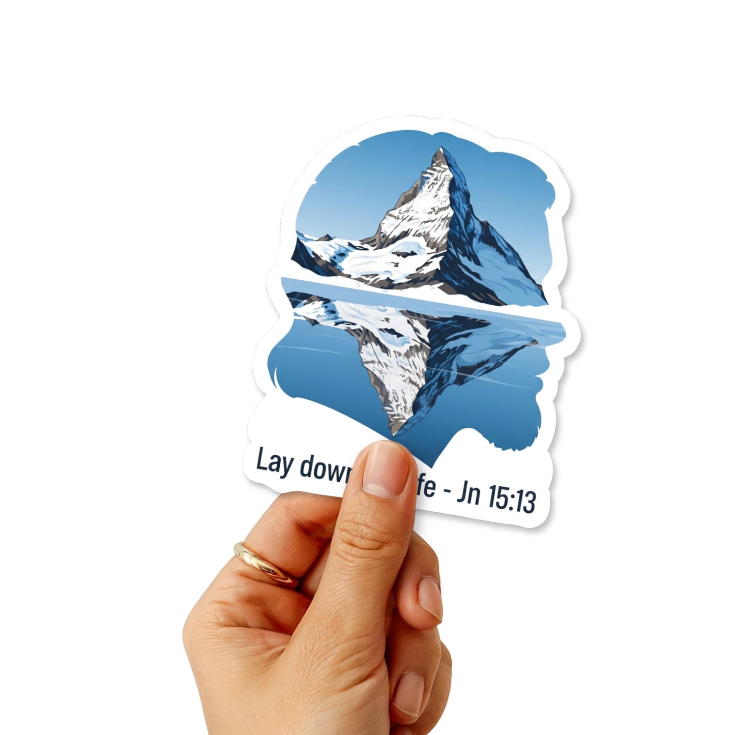 John 15:13 Scripture Sticker - Majestic Mountain Reflection Design