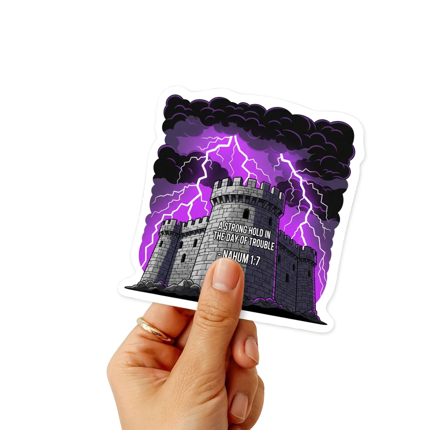 Nahum 1:7 Bible Verse Sticker - Fortress in the Storm Gothic Decal
