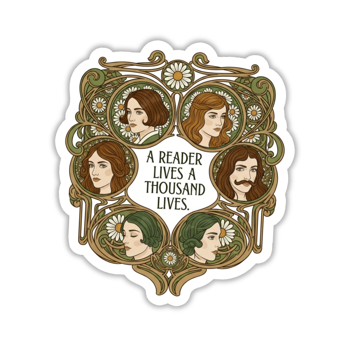 A Reader Lives a Thousand Lives Bookworm Sticker - Art Nouveau