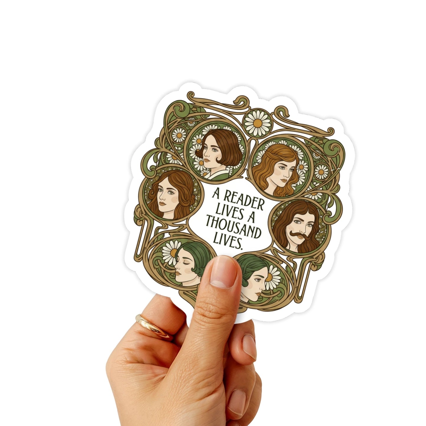 A Reader Lives a Thousand Lives Bookworm Sticker - Art Nouveau