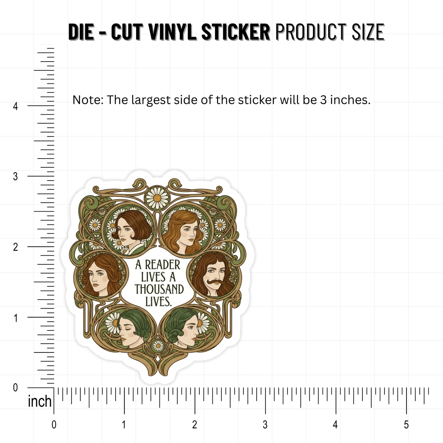 A Reader Lives a Thousand Lives Bookworm Sticker - Art Nouveau