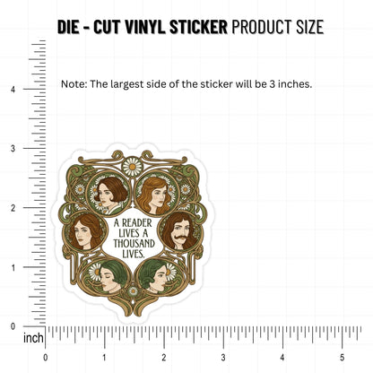 A Reader Lives a Thousand Lives Bookworm Sticker - Art Nouveau