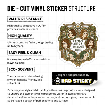 A Reader Lives a Thousand Lives Bookworm Sticker - Art Nouveau
