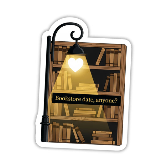 Bookstore Date Sticker - Romantic Street Lamp & Bookshelf Design