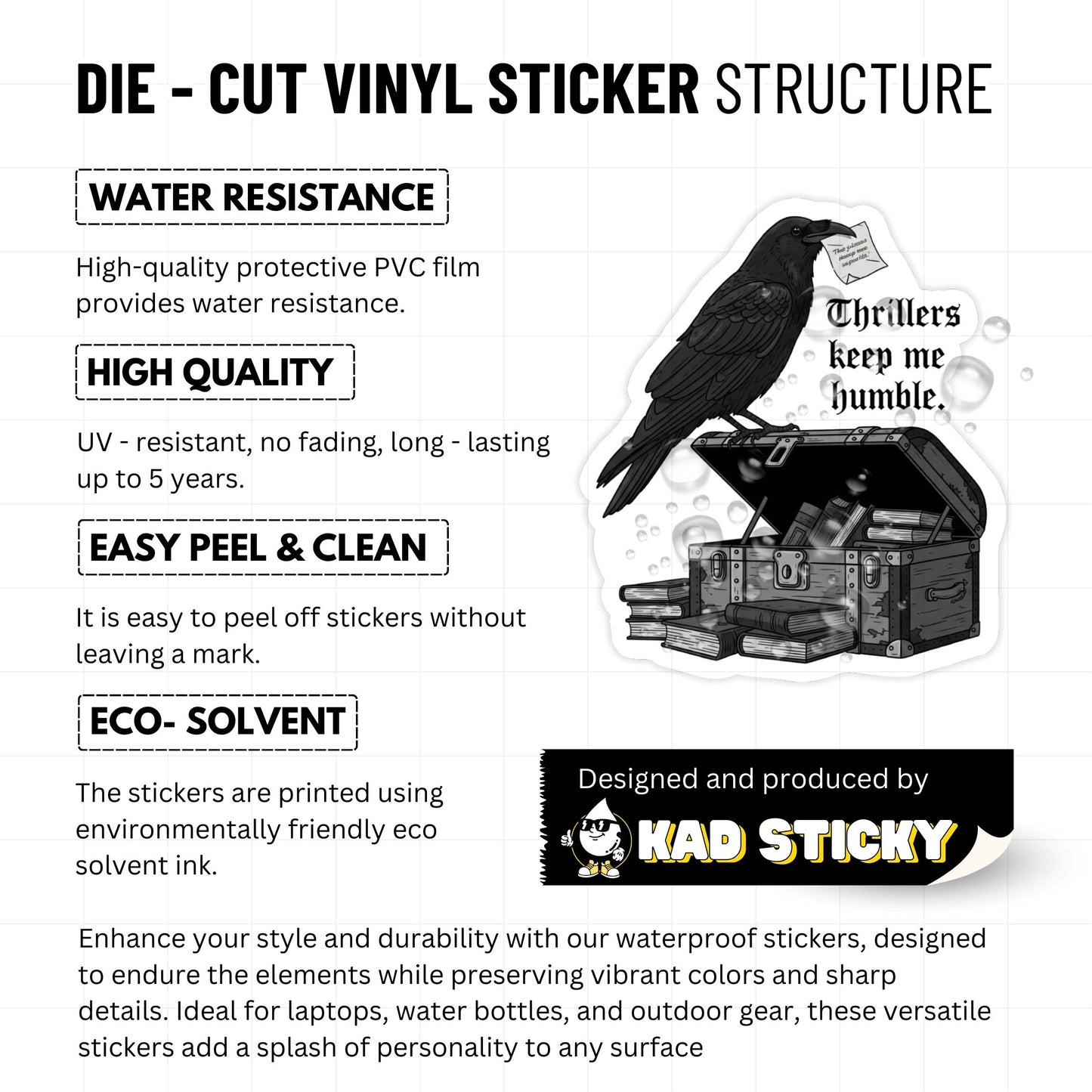 Thriller Book Sticker - Thrillers Keep Me Humble Gothic Raven Vinyl