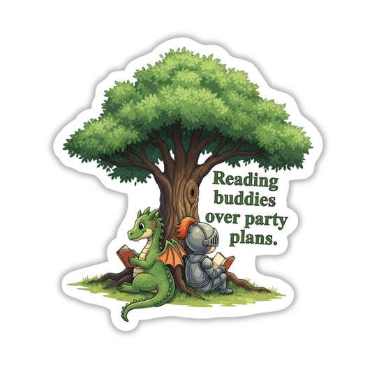Fantasy Book Lover Sticker - Reading Buddies Over Party Plans Dragon