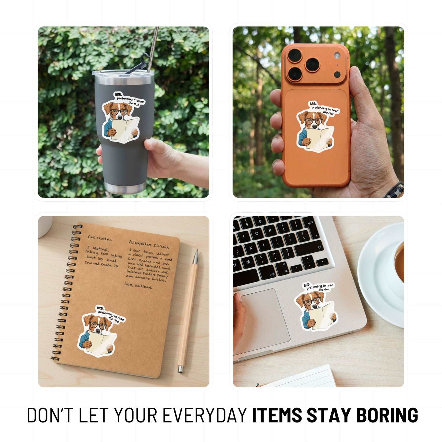 Corporate Humor Sticker - BRB Pretending to Read Dog Laptop Decal