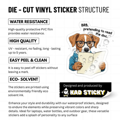 Corporate Humor Sticker - BRB Pretending to Read Dog Laptop Decal