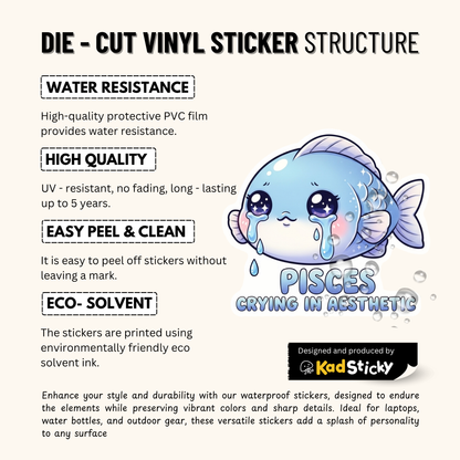 3PCs Pisces Crying Aesthetic Sticker | Cute Emo Zodiac Vinyl Decal