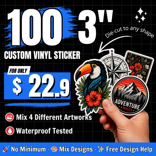 100 Custom Vinyl Stickers 3" — Die-Cut, Mix 4 Designs