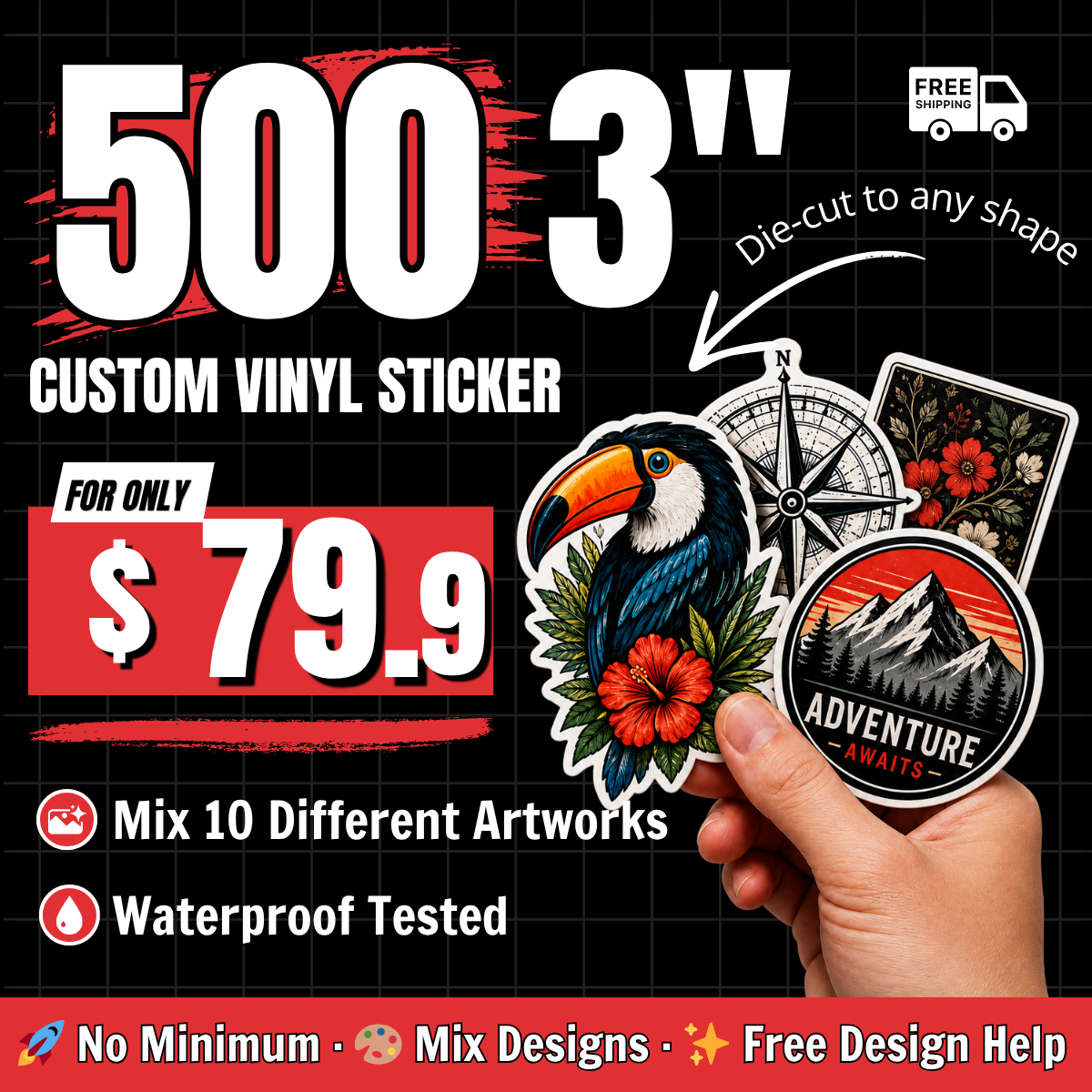 500 Custom Vinyl Stickers — Pro Pack 🚚 FREE SHIPPING