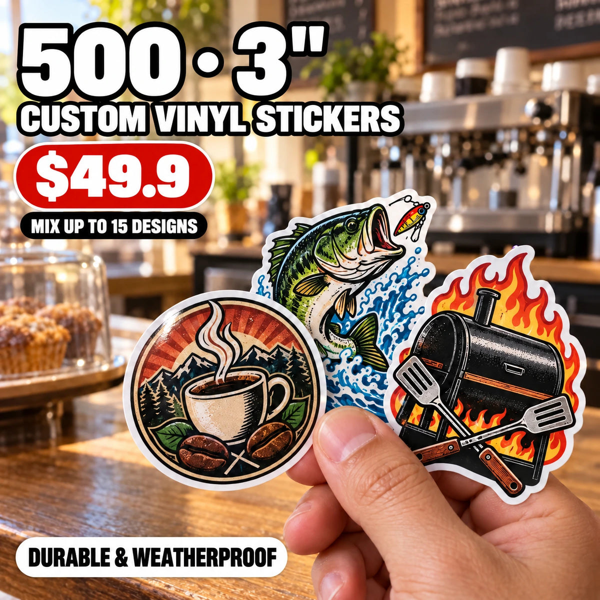 500 Custom Die-Cut Vinyl Stickers — 2" to 5", Mix 15 Designs