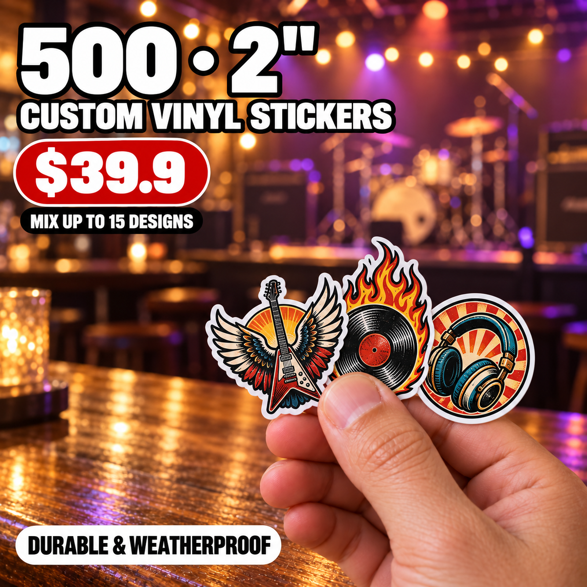 500 Custom Die-Cut Vinyl Stickers — 2" to 5", Mix 15 Designs