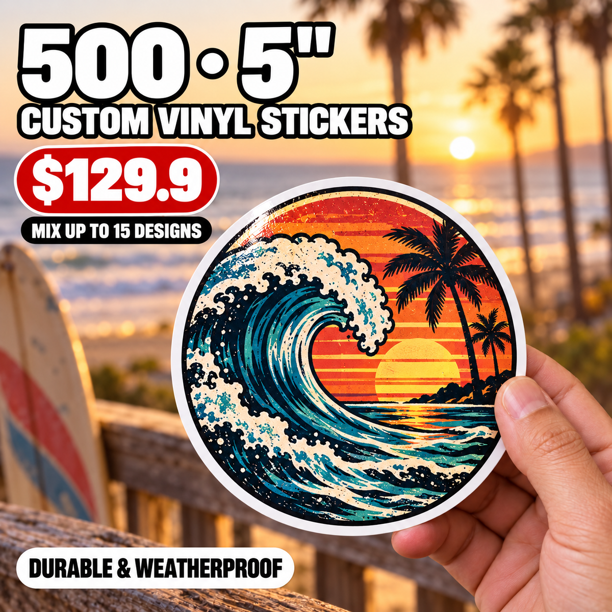 500 Custom Die-Cut Vinyl Stickers — 2" to 5", Mix 15 Designs