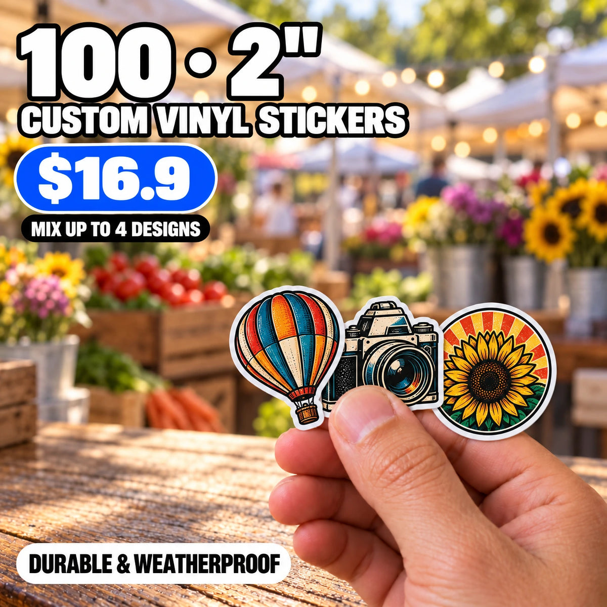 100 Custom Die-Cut Vinyl Stickers — 2" to 5", Mix 4 Designs
