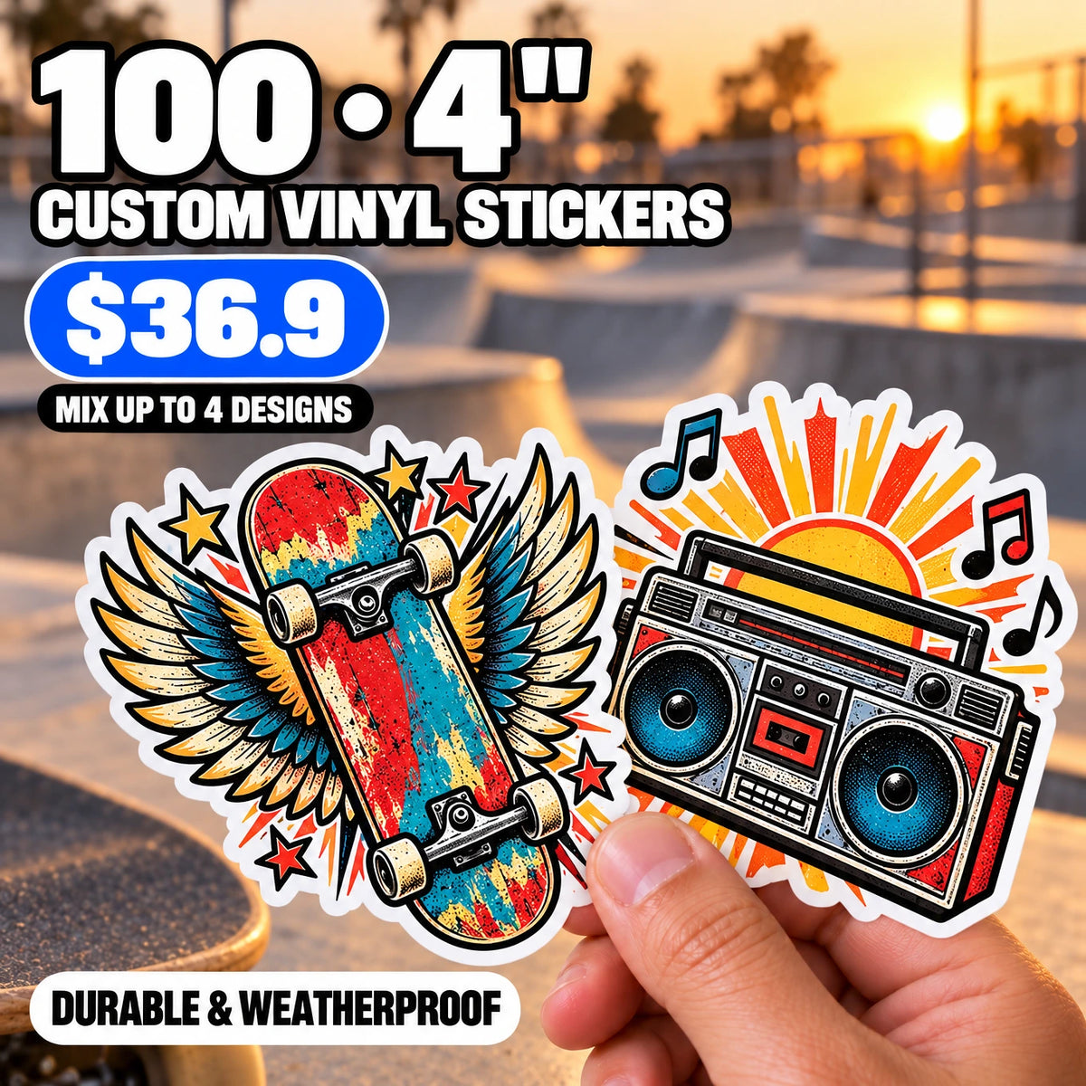 100 Custom Die-Cut Vinyl Stickers — 2" to 5", Mix 4 Designs