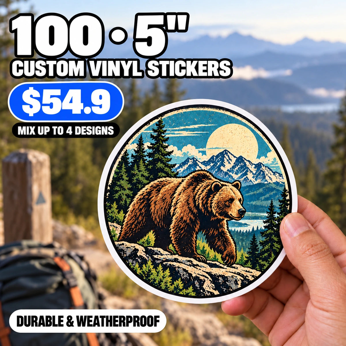 100 Custom Die-Cut Vinyl Stickers — 2" to 5", Mix 4 Designs