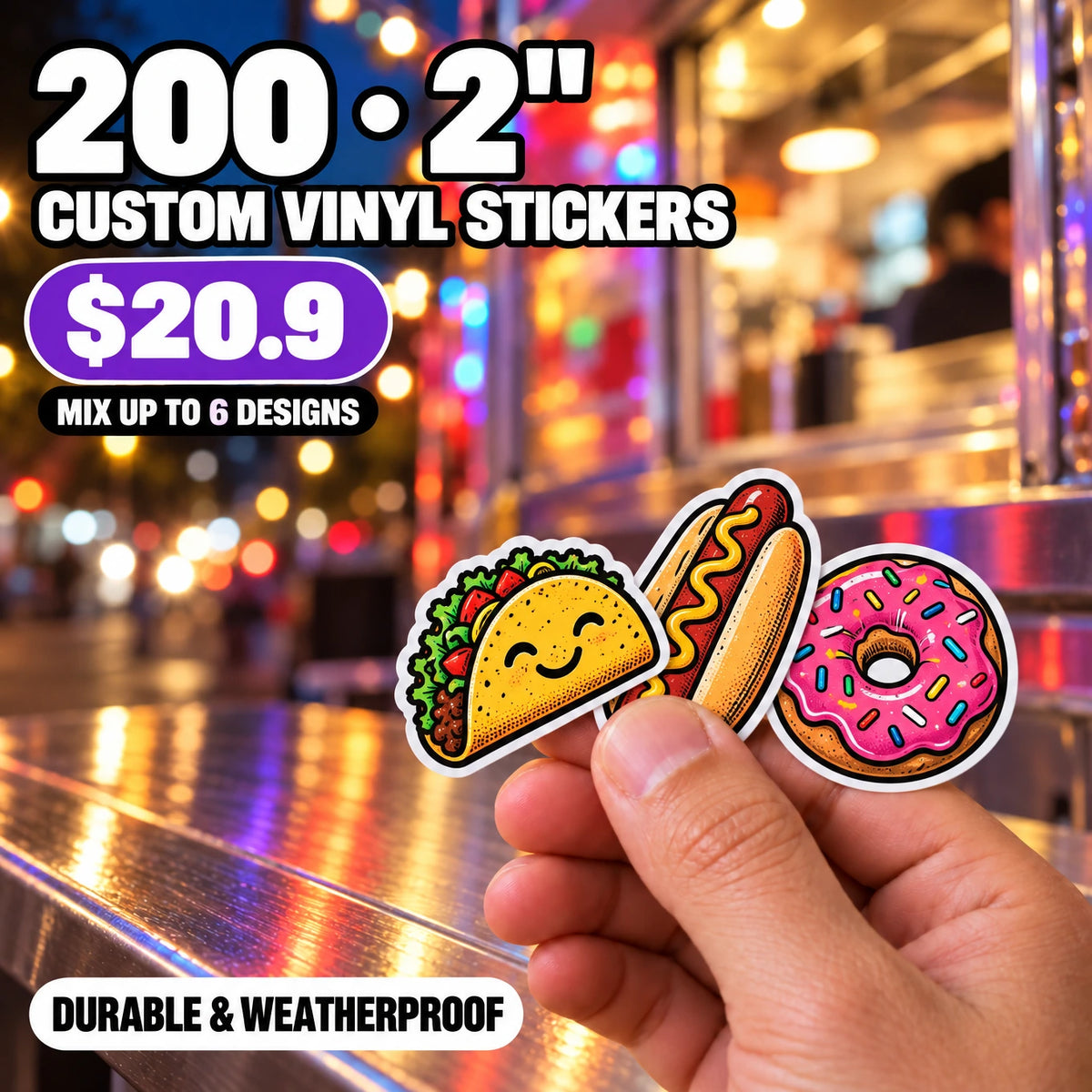 200 Custom Die-Cut Vinyl Stickers — 2" to 5", Mix 6 Designs