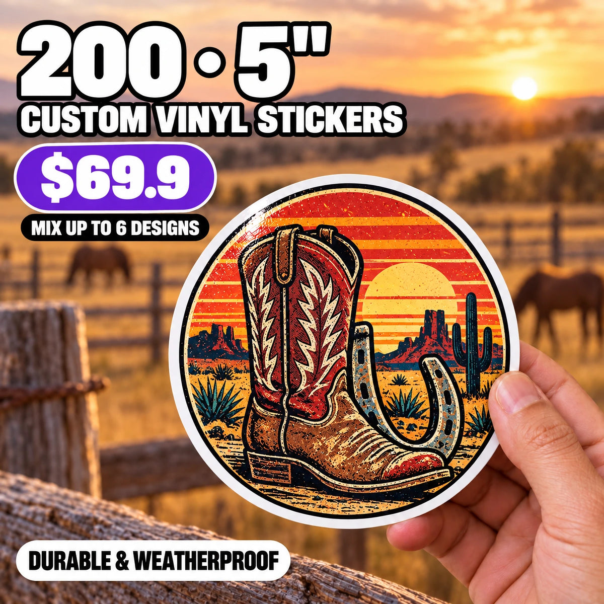 200 Custom Die-Cut Vinyl Stickers — 2" to 5", Mix 6 Designs