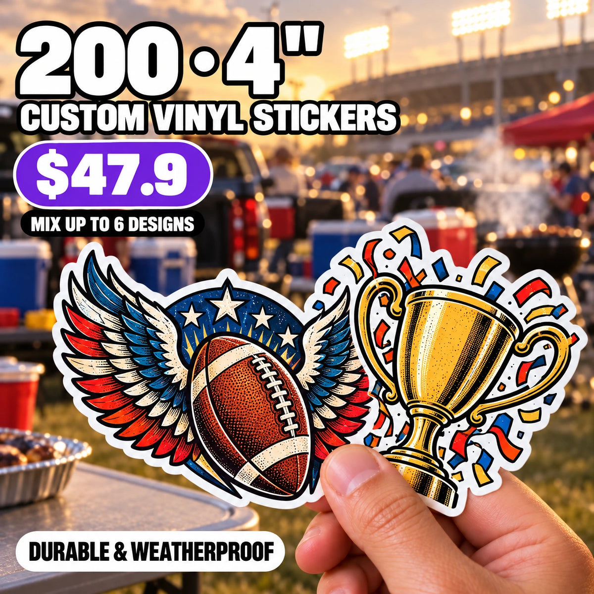 200 Custom Die-Cut Vinyl Stickers — 2" to 5", Mix 6 Designs