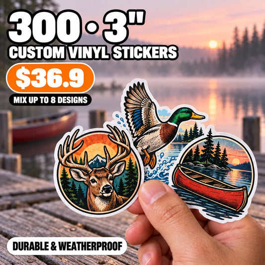300 Custom Die-Cut Vinyl Stickers — 2" to 5", Mix 8 Designs