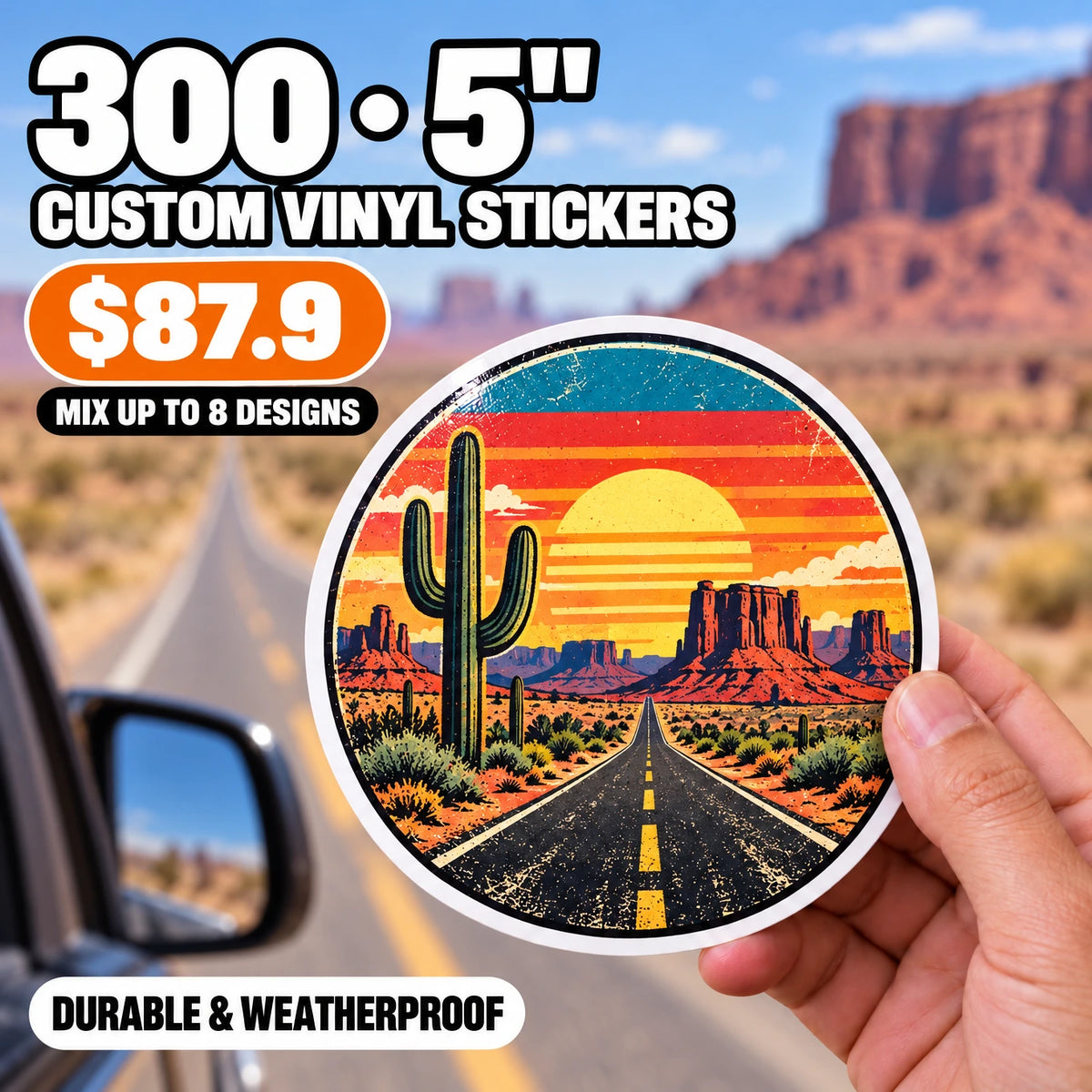 300 Custom Die-Cut Vinyl Stickers — 2" to 5", Mix 8 Designs