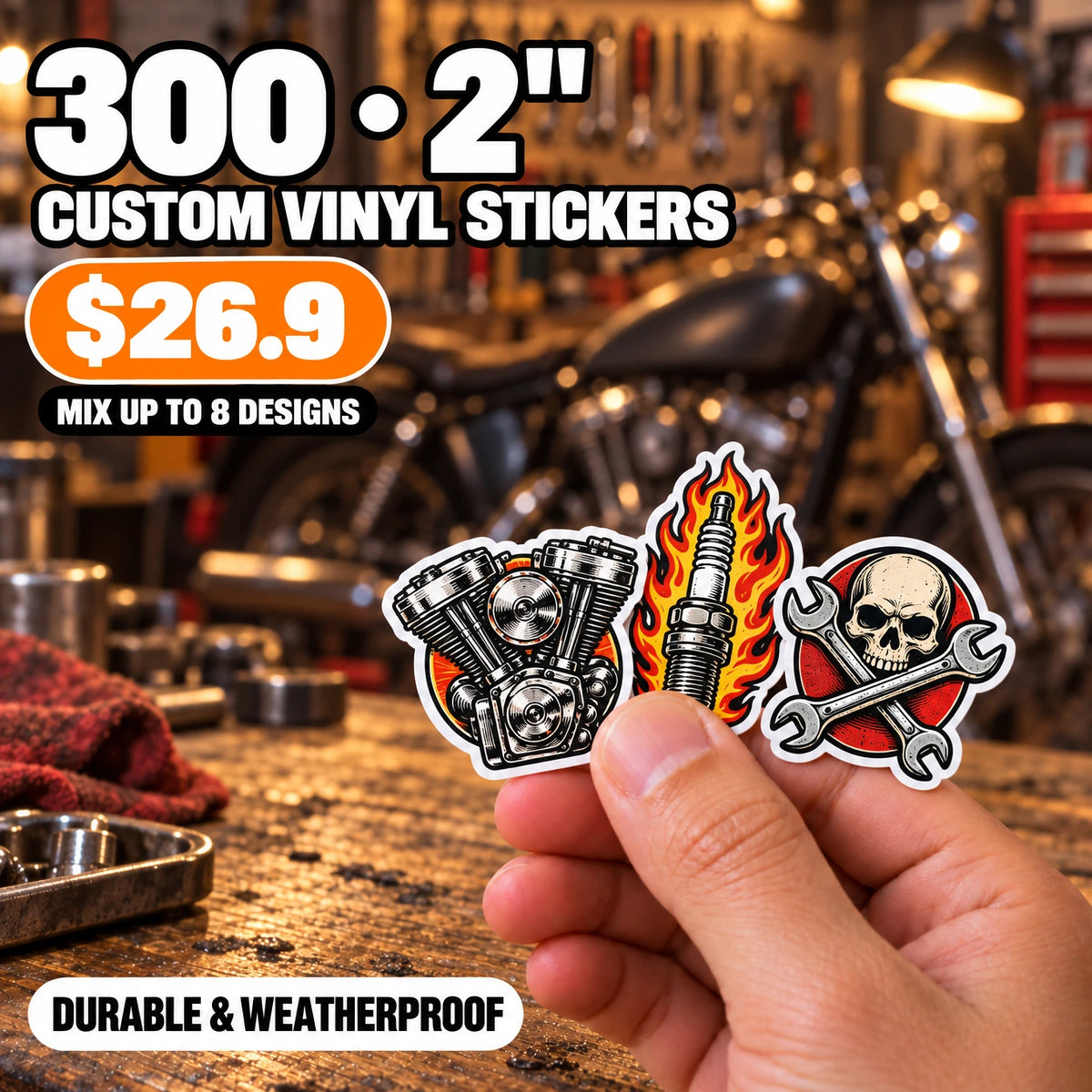 300 Custom Die-Cut Vinyl Stickers — 2" to 5", Mix 8 Designs
