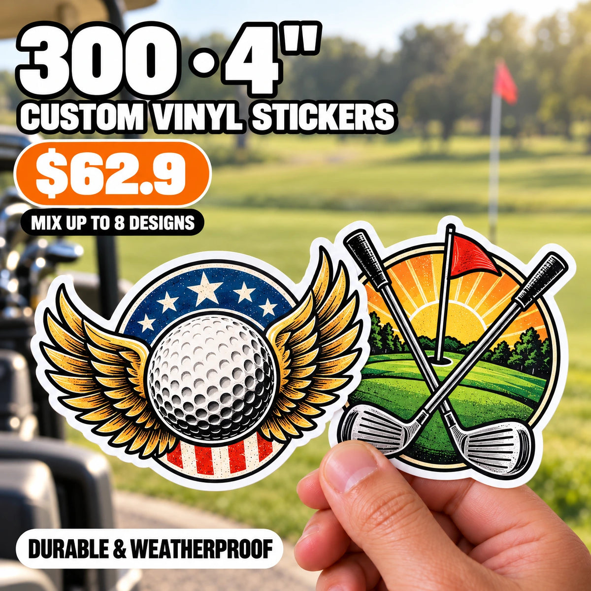 300 Custom Die-Cut Vinyl Stickers — 2" to 5", Mix 8 Designs