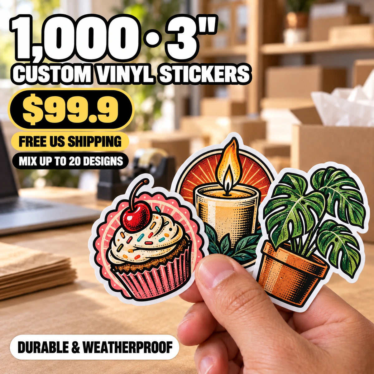 1,000 Custom Die-Cut Vinyl Stickers — 2" to 5", Free US Shipping