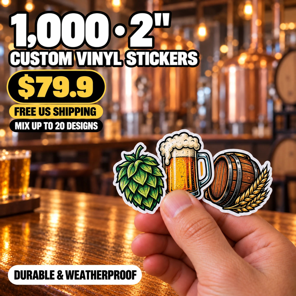 1,000 Custom Die-Cut Vinyl Stickers — 2" to 5", Free US Shipping