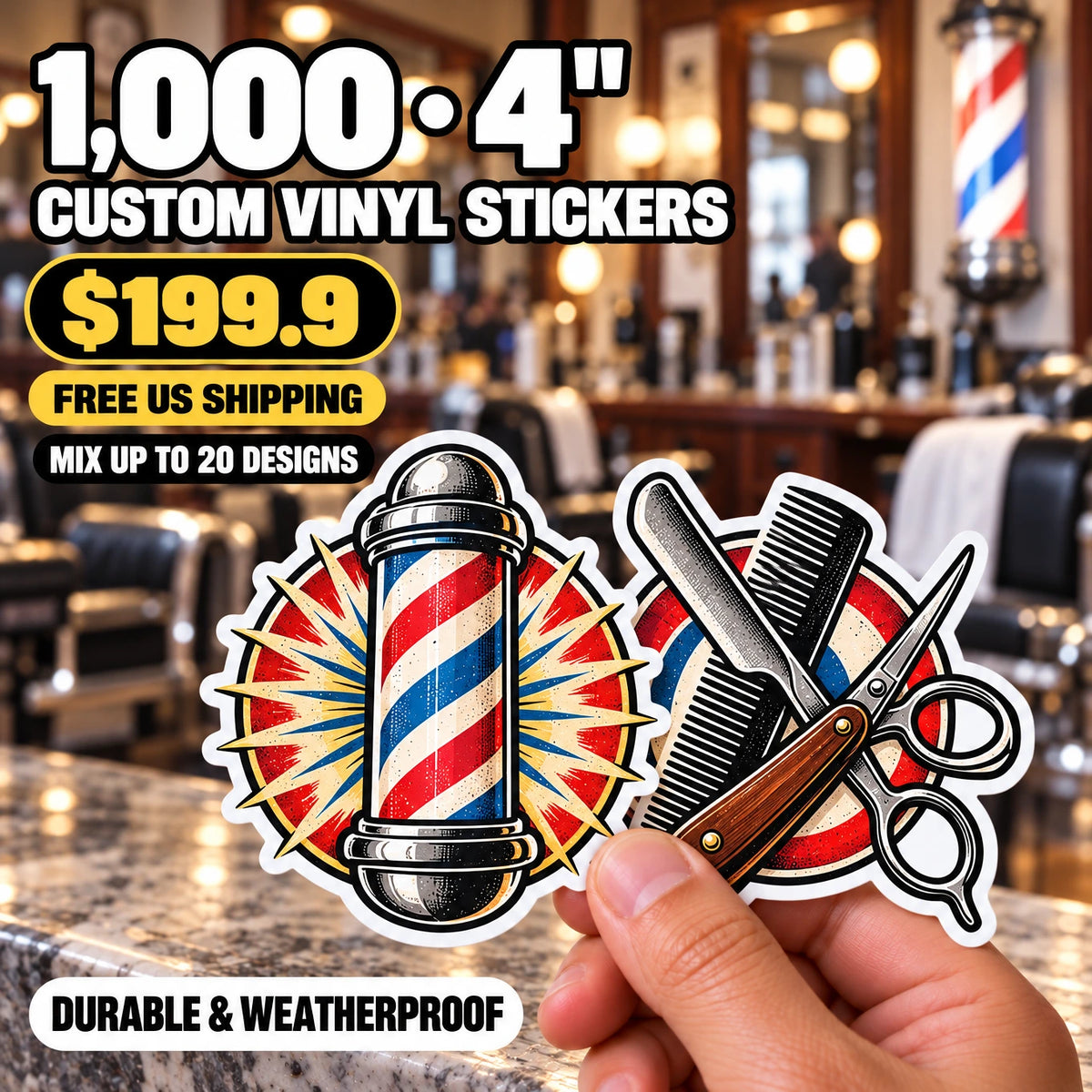 1,000 Custom Die-Cut Vinyl Stickers — 2" to 5", Free US Shipping