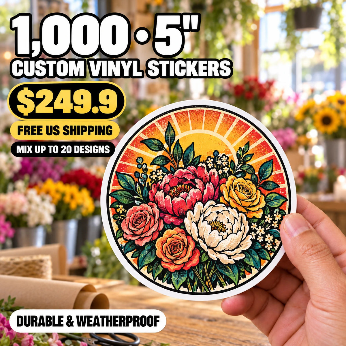 1,000 Custom Die-Cut Vinyl Stickers — 2" to 5", Free US Shipping