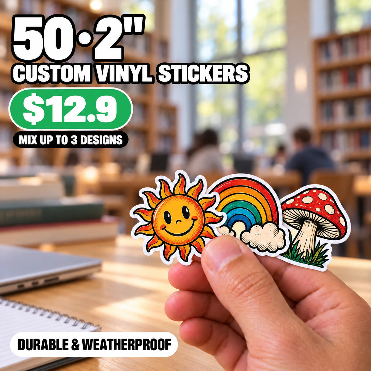 50 Custom Die-Cut Vinyl Stickers — 2" to 5", Mix 3 Designs