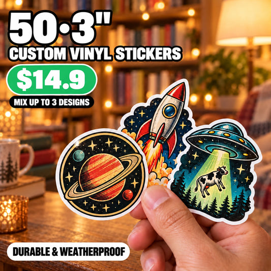 50 Custom Die-Cut Vinyl Stickers — 2" to 5", Mix 3 Designs