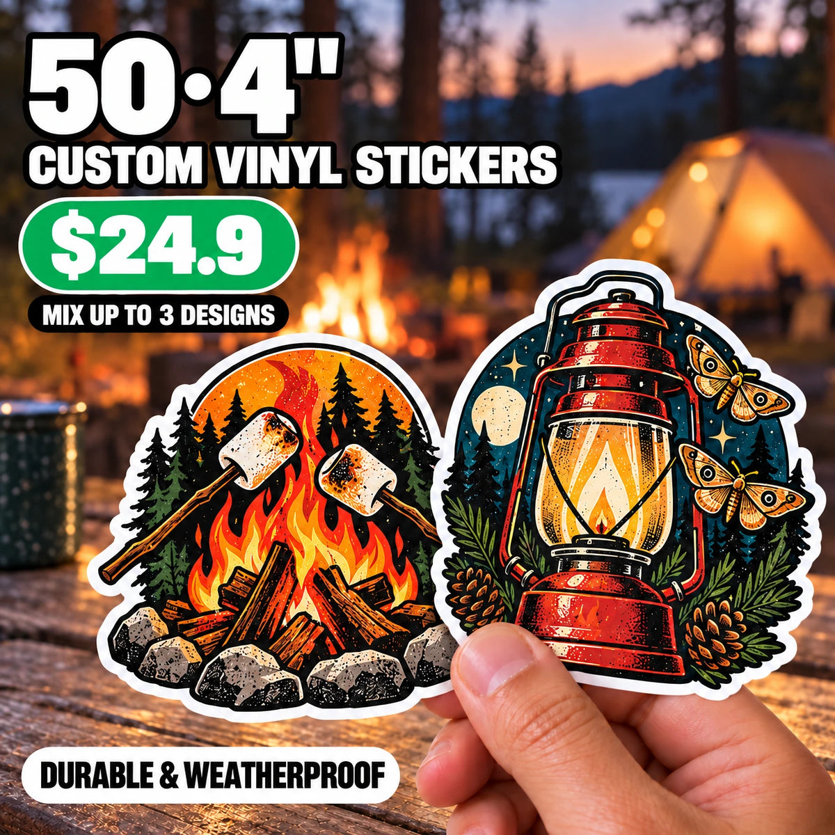 50 Custom Die-Cut Vinyl Stickers — 2" to 5", Mix 3 Designs