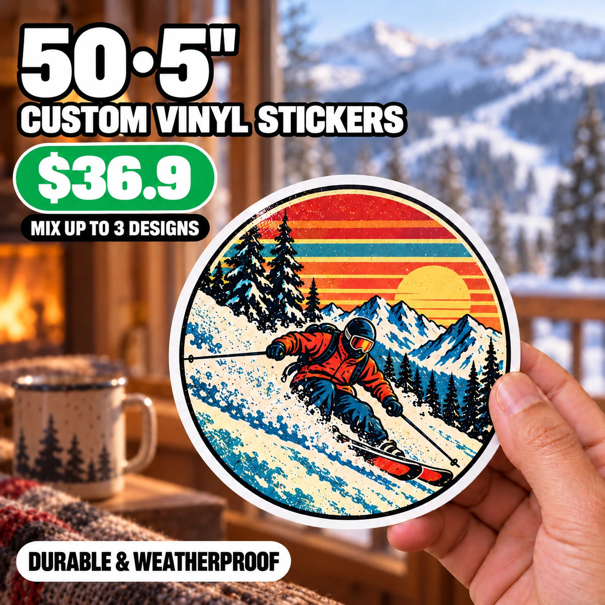 50 Custom Die-Cut Vinyl Stickers — 2" to 5", Mix 3 Designs